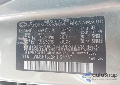 2008 Hyundai Santa Fe Limited/Se z USA, uszkodzony, nr VIN 5NMSH13E88H196733